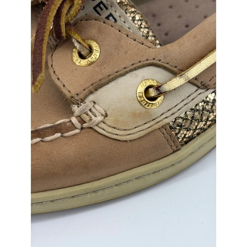 Sperry Angelfish, Tan/Gold Leather Glitter Boat Shoes, Women's Size 7, Pre-Owned